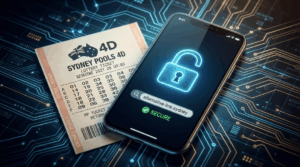 Tiket togel Sydney Pools di samping smartphone yang menampilkan ikon gembok dan link alternatif aman.