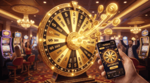 Ilustrasi roda putar emas game online wheel dengan jackpot besar di Hokijoss.