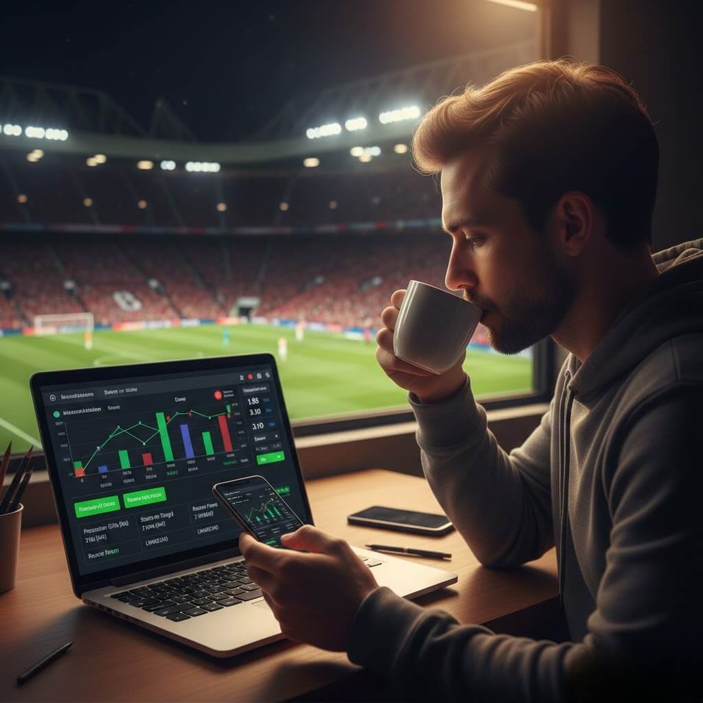 Pemain menganalisa odds taruhan bola di Hokiku88 menggunakan laptop dan smartphone untuk peluang menang maksimal