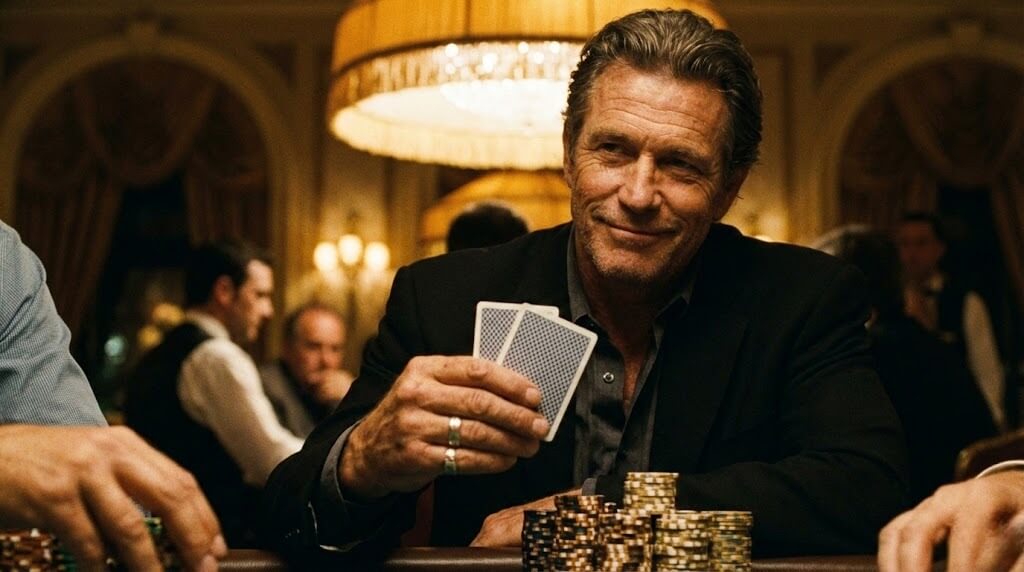 Seorang pemain poker profesional melakukan bluffing di meja poker dengan ekspresi wajah penuh strategi dan tumpukan chip mengkilap di depannya