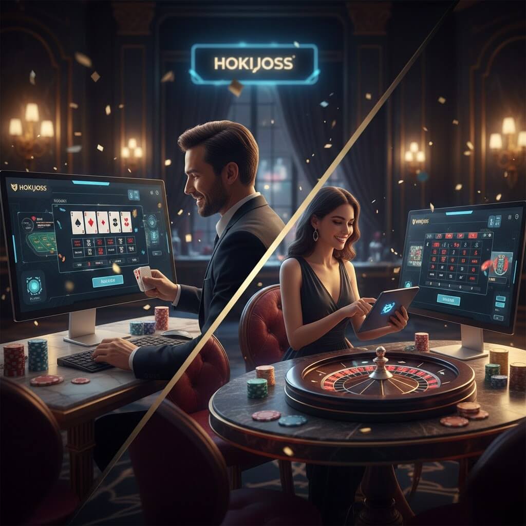 Pemain seru bermain table games online di Hokijoss dengan grafis neon futuristik di komputer dan smartphone